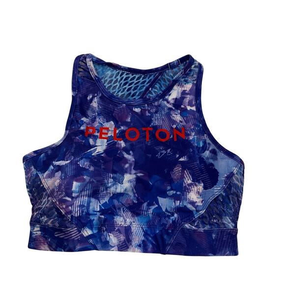 Peloton Womens High Neck Sports Bra Top Blue Purple Print Keyhole Back Size S - Picture 3 of 13